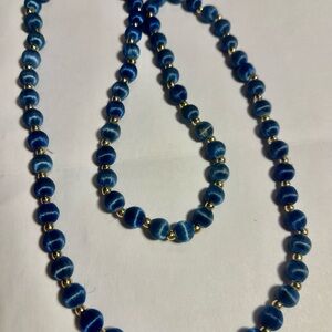 Vibrant Blue and Gold Beaded Necklace 24” Length